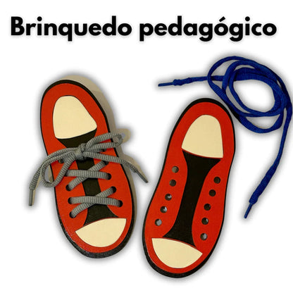 Tênis de Madeira para Alinhavo Montessori | Brinquedo Educativo para Coordenação Motora 3+ – Brinco Lab