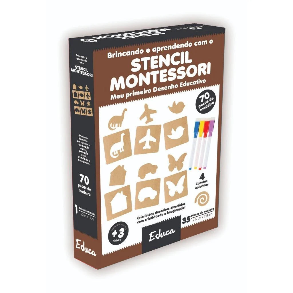 Stencil Montessori de Madeira para Desenho | 70 Peças + 4 Canetas Educativas para Crianças – Brinco Lab