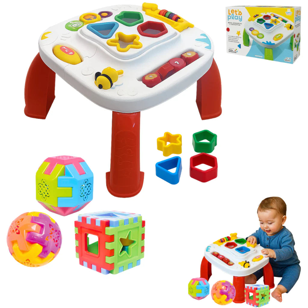 Kit Mesinha Educativa Infantil + 3 Cubos Didáticos | Brinquedo Interativo Sensorial para Bebês +12 Meses – Brinco Lab