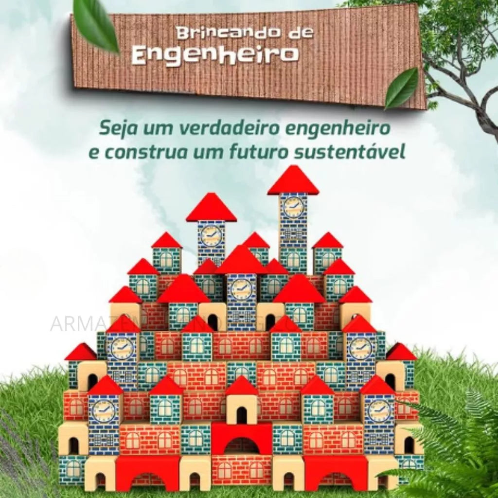 Blocos de Montar Brincando de Engenheiro 300 Peças | Brinquedo Educativo Pedagógico em Madeira 3+ – Brinco Lab