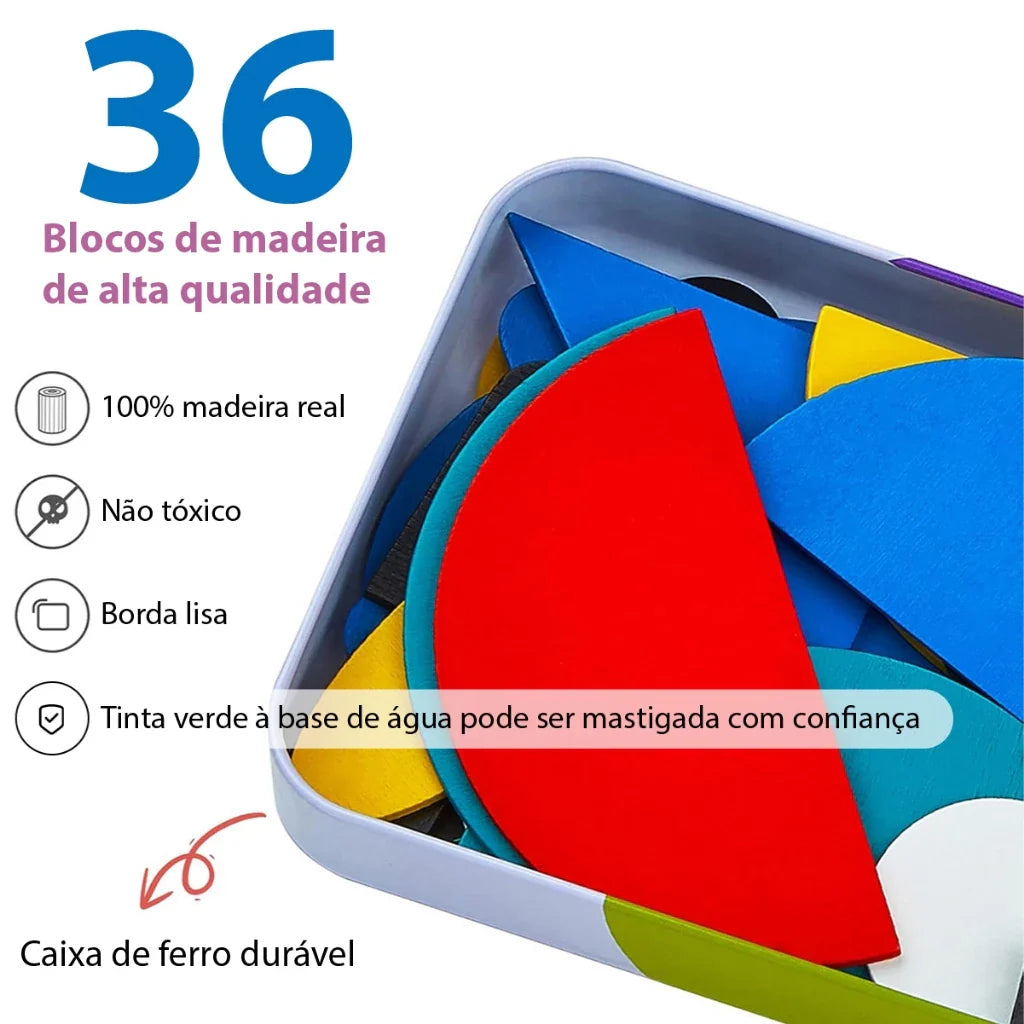 Quebra-Cabeça de Formas em Madeira Montessori | 36 Blocos + 60 Cartas Educativas 3+ – Brinco Lab