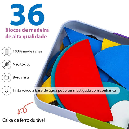 Quebra-Cabeça de Formas em Madeira Montessori | 36 Blocos + 60 Cartas Educativas 3+ – Brinco Lab