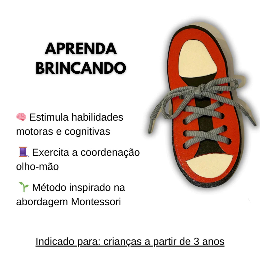 Tênis de Madeira para Alinhavo Montessori | Brinquedo Educativo para Coordenação Motora 3+ – Brinco Lab