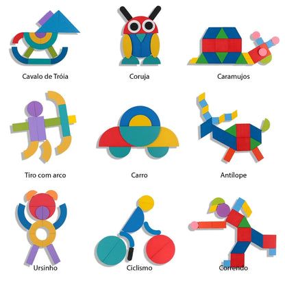 Quebra-Cabeça de Formas em Madeira Montessori | 36 Blocos + 60 Cartas Educativas 3+ – Brinco Lab