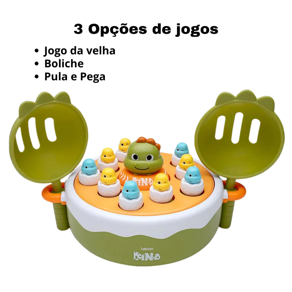 Jogo Dino 3 em 1 Interativo com Música – Boliche, Jogo da Velha e Pula & Pega | Brinco Lab