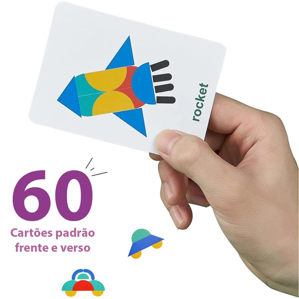 Quebra-Cabeça de Formas em Madeira Montessori | 36 Blocos + 60 Cartas Educativas 3+ – Brinco Lab