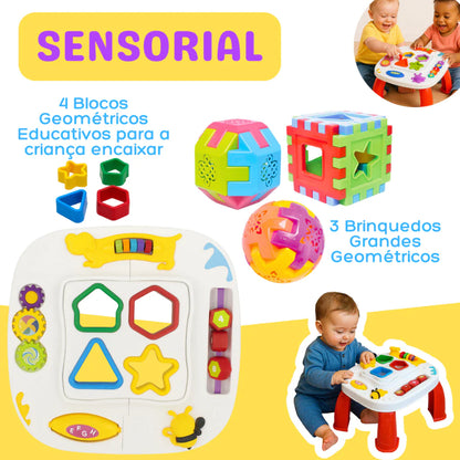 Kit Mesinha Educativa Infantil + 3 Cubos Didáticos | Brinquedo Interativo Sensorial para Bebês +12 Meses – Brinco Lab