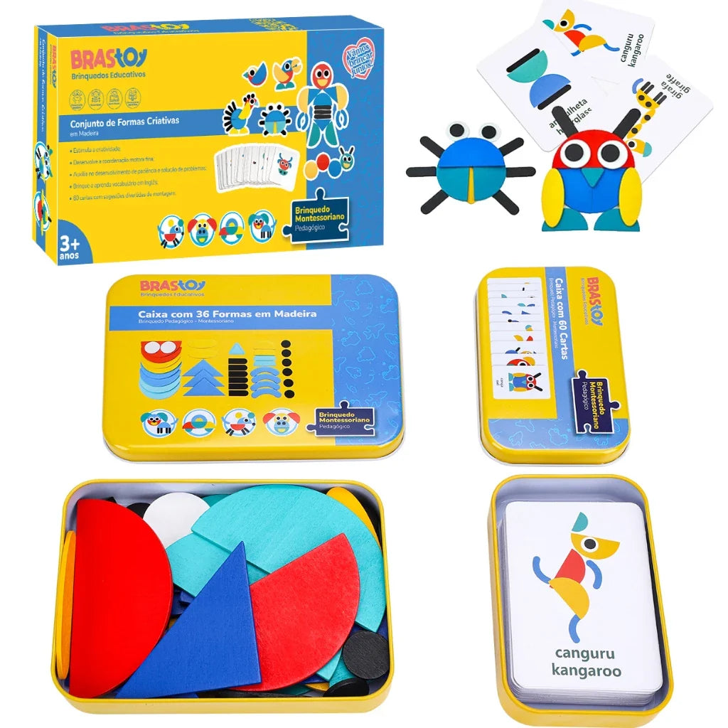 Quebra-Cabeça de Formas em Madeira Montessori | 36 Blocos + 60 Cartas Educativas 3+ – Brinco Lab