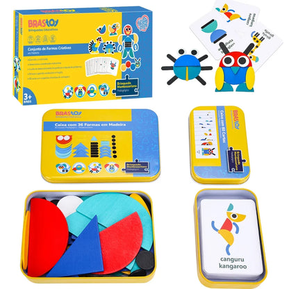 Quebra-Cabeça de Formas em Madeira Montessori | 36 Blocos + 60 Cartas Educativas 3+ – Brinco Lab