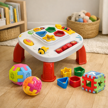 Kit Mesinha Educativa Infantil + 3 Cubos Didáticos | Brinquedo Interativo Sensorial para Bebês +12 Meses – Brinco Lab