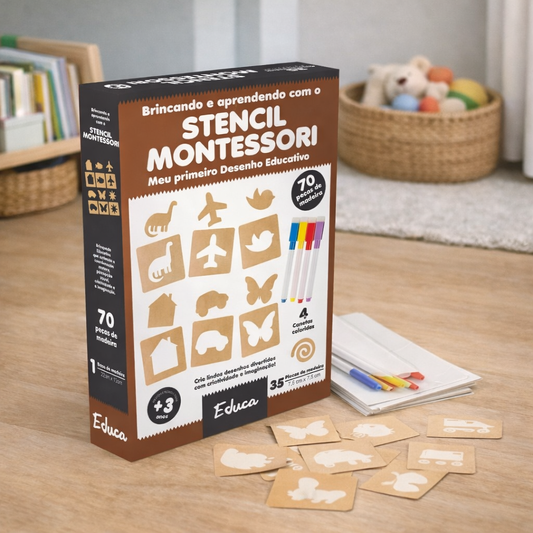 Stencil Montessori de Madeira para Desenho | 70 Peças + 4 Canetas Educativas para Crianças – Brinco Lab