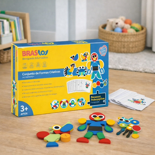 Quebra-Cabeça de Formas em Madeira Montessori | 36 Blocos + 60 Cartas Educativas 3+ – Brinco Lab