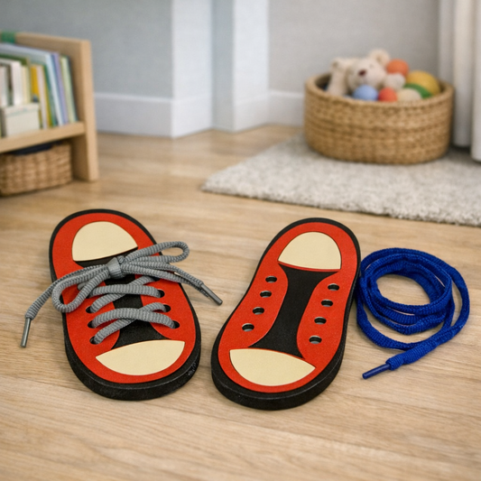 Tênis de Madeira para Alinhavo Montessori | Brinquedo Educativo para Coordenação Motora 3+ – Brinco Lab